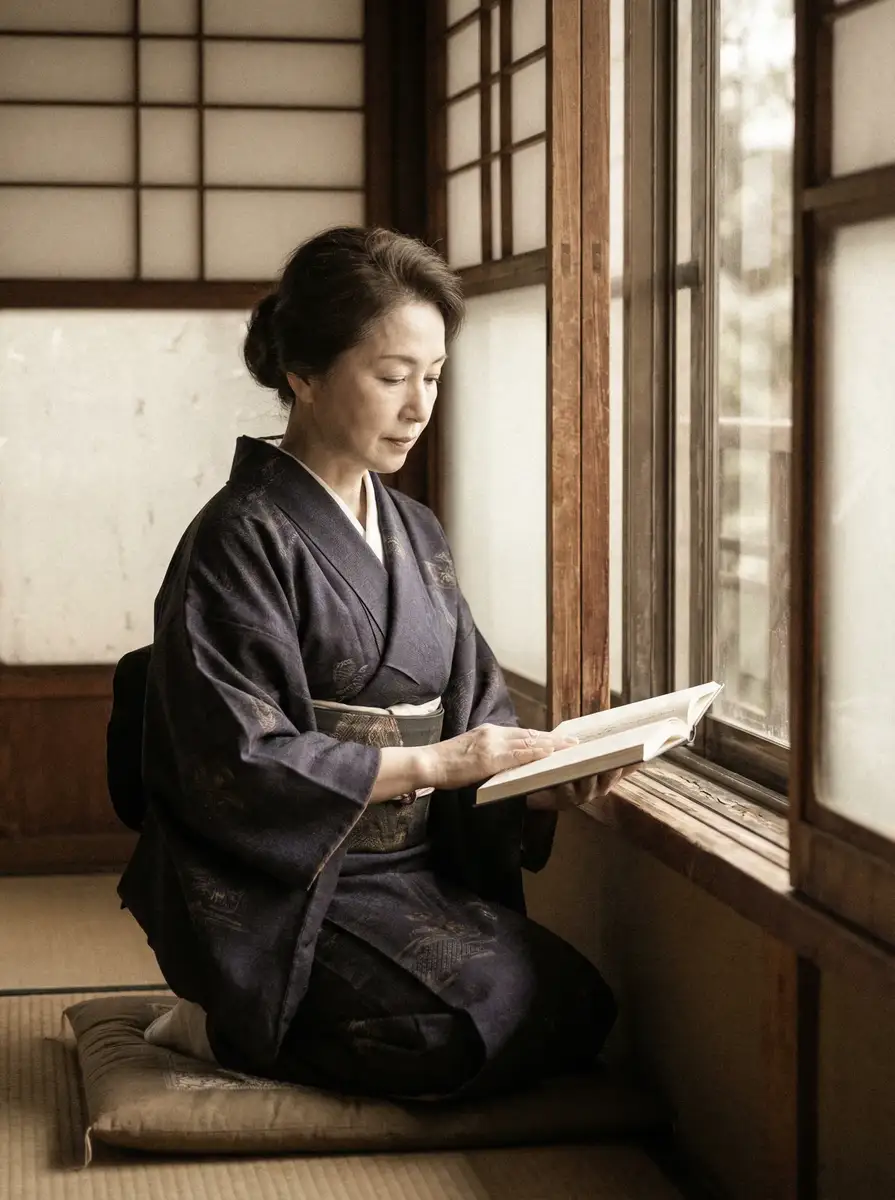 一位优雅的五十岁 完美体育平台 身穿深蓝色和服，在窗边静读